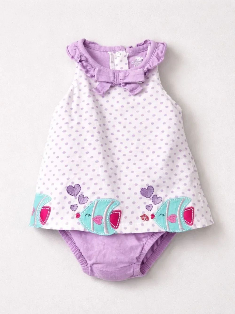 Koala Baby Purple polkadot bodysuit dress with fish appliqués 3-6 months
